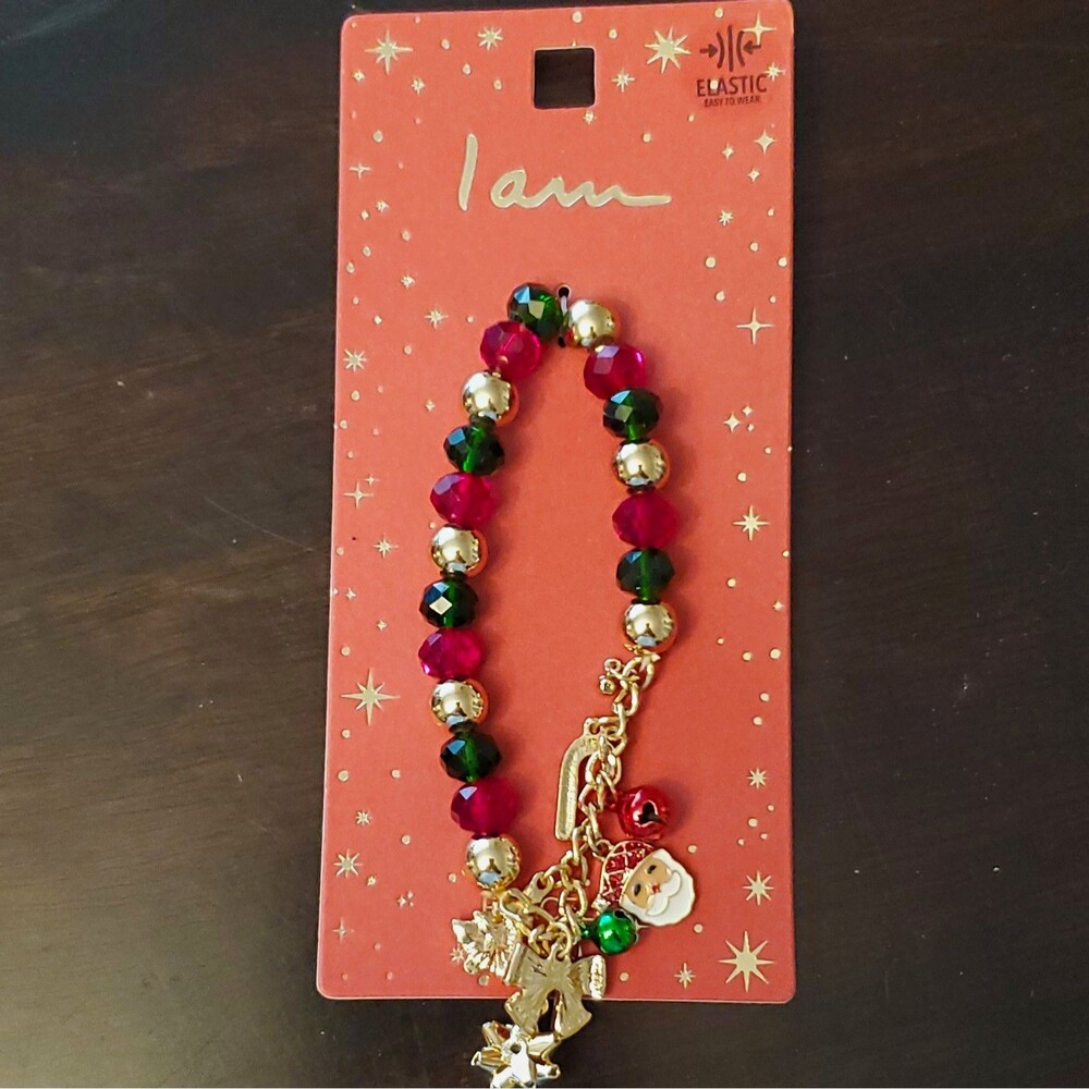 I am Stretch Beaded Charm Bracelet Dangle Charms Gold Red Green Holiday